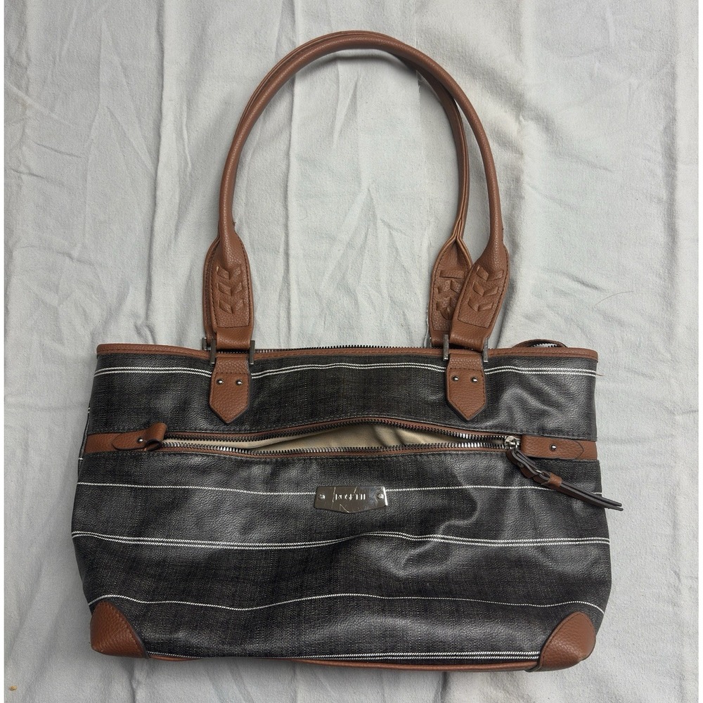 Rosetti Shoulder Hang Striped Tote Bag Black/Brown Zip Closure Pockets